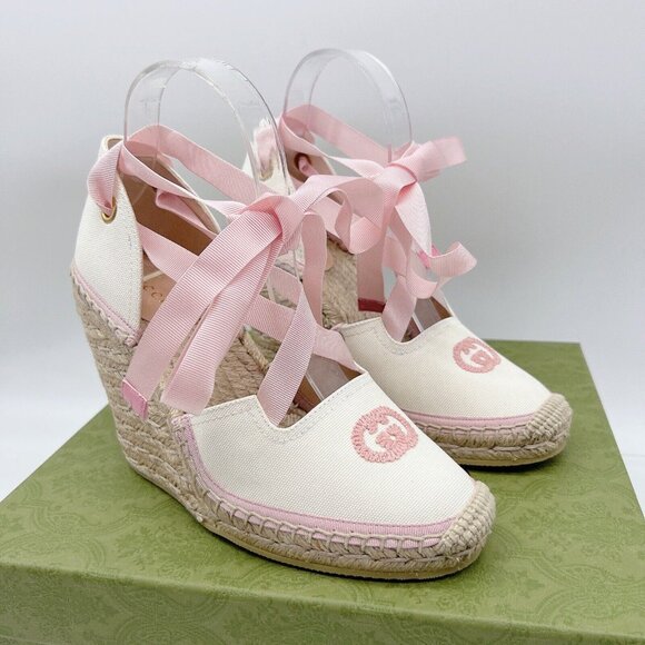 GUCCI INTERLOCKING G Platform Wedge ESPADRILLE Pink RIBBON TIE EU 39.5/ US 9.5 - Picture 1 of 12